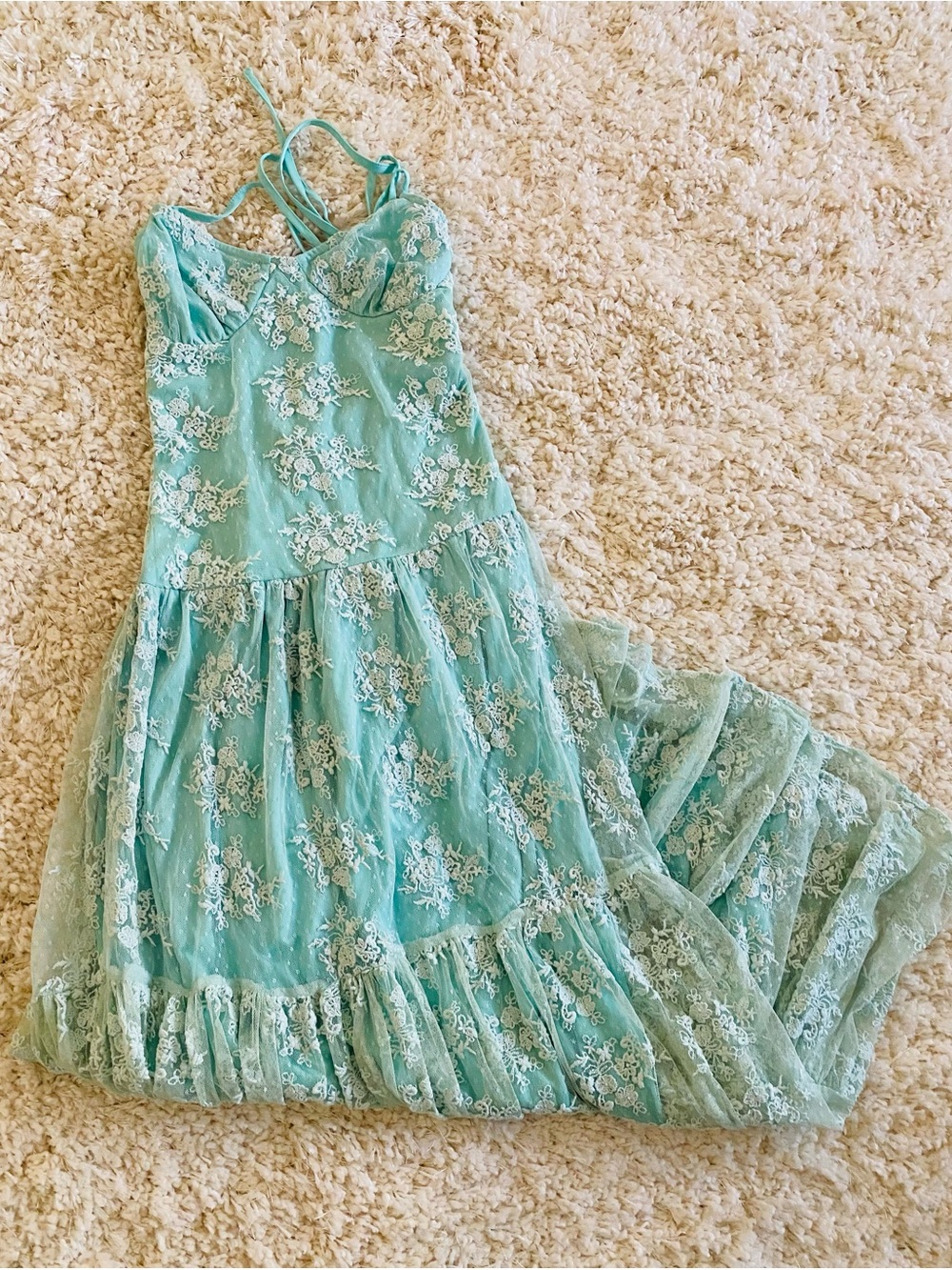 Amy Jane London Zariah Aqua Lace Tiered Dress with Spaghetti Straps